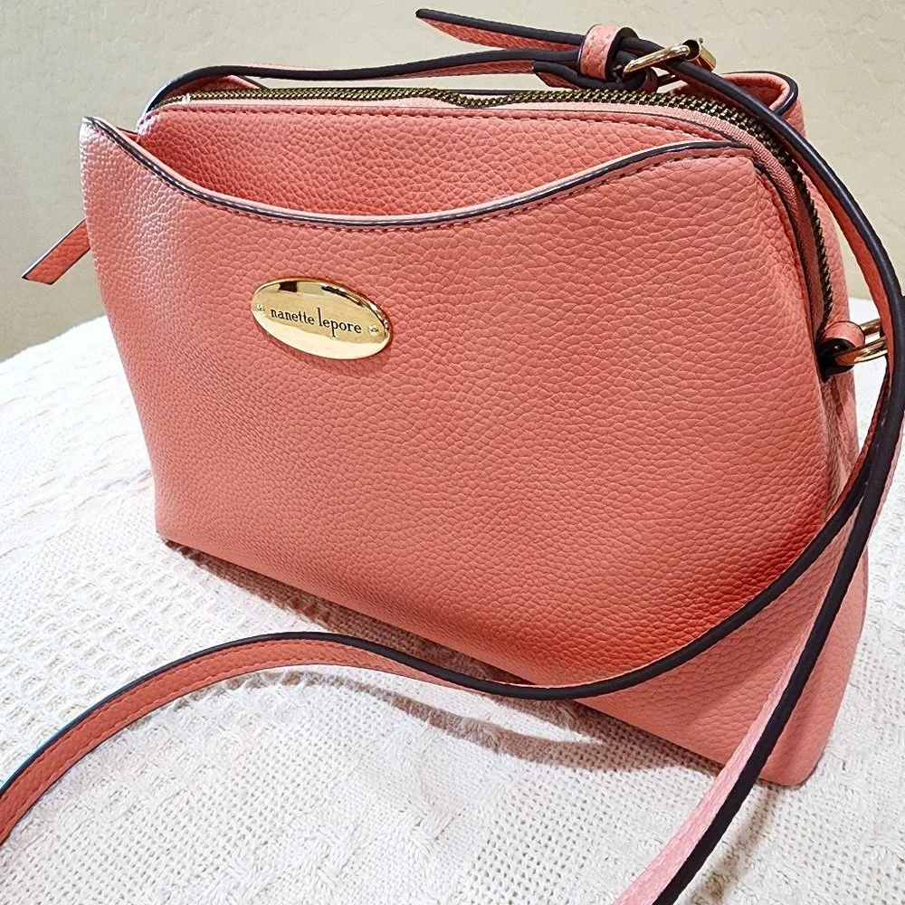 Nanette Lepore Peach Pink Three Pocket Dressy Gold Accent Crossbody Bag Purse